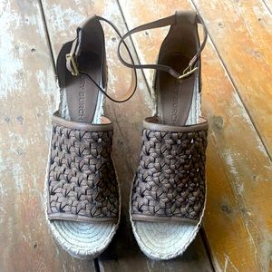Tory Burch Basketweave Calfskin Wedge Espadrille Sandals size 9.5